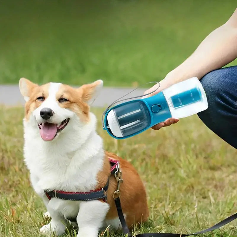 3-in-1 Dog Water Bottle with Food Container & Waste Bag Dispenser – Travel Friendly