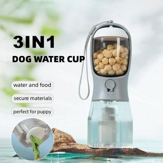 3-in-1 Dog Water Bottle with Food Container & Waste Bag Dispenser – Travel Friendly