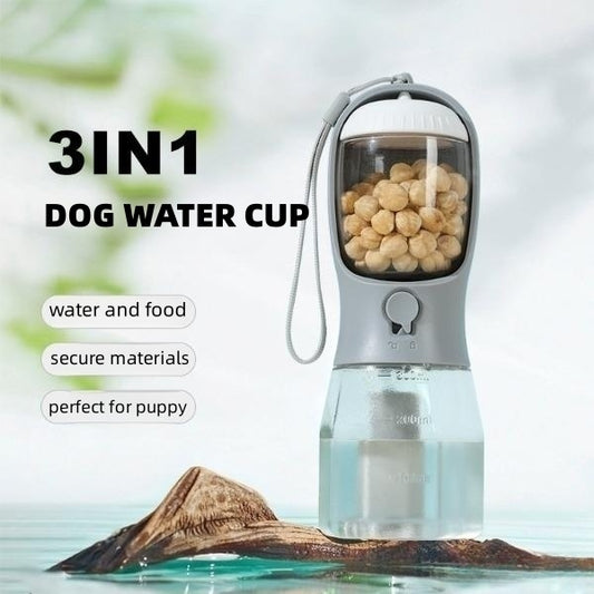3-in-1 Dog Water Bottle with Food Container & Waste Bag Dispenser – Travel Friendly