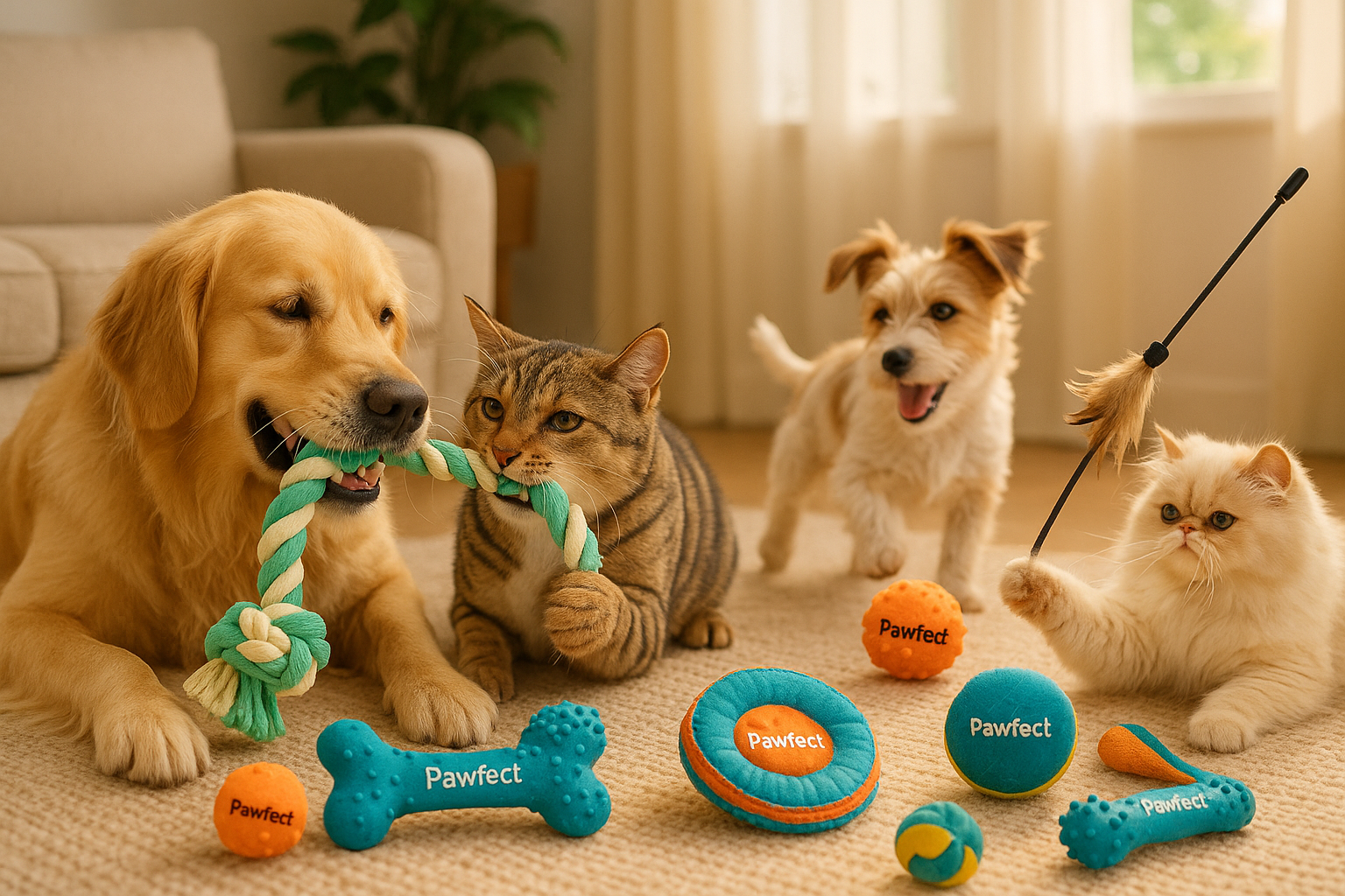 dogs and cats playing with pet toys made by pawfect